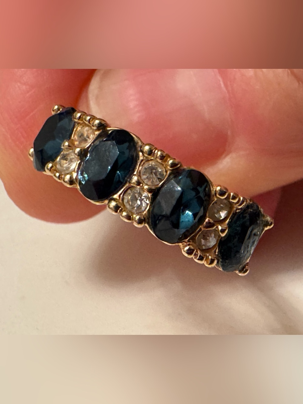 Vintage Gold Tone Multi-Stone Statement Ring, Blue & Clear Accent Stones, Size 7